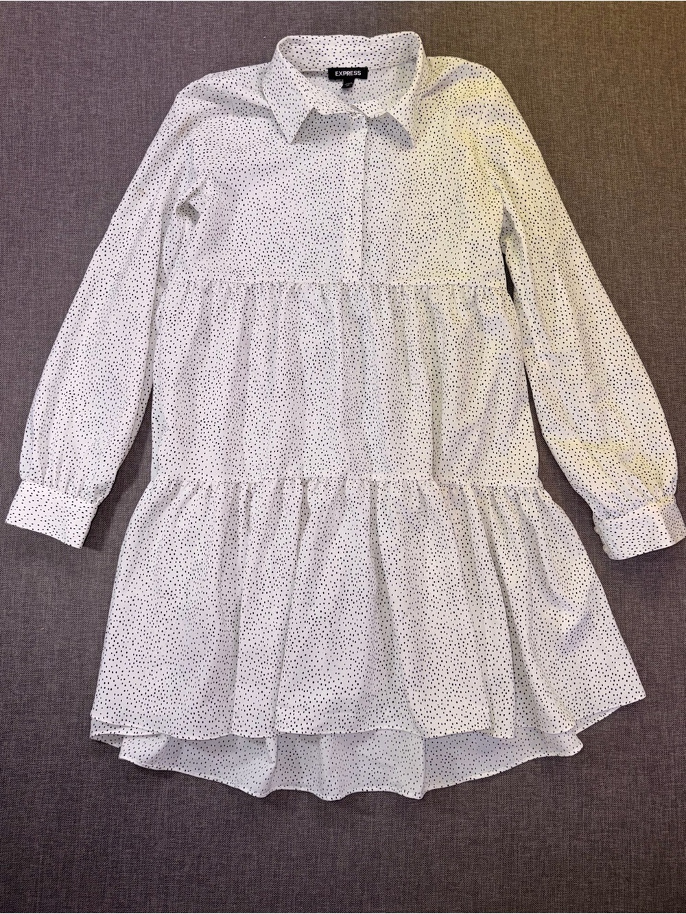 Express Women’s White Shirt Dress with Black Dot Print - Tiered Casual XS